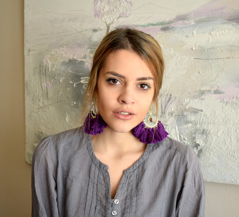 Hoop Tassel Earrings Burgundy Red Tassel Earrings Purple Tassel Hoop Earrings Tassel Jewelry Tassel Hoops Statement Tribal Earrings Bohemian