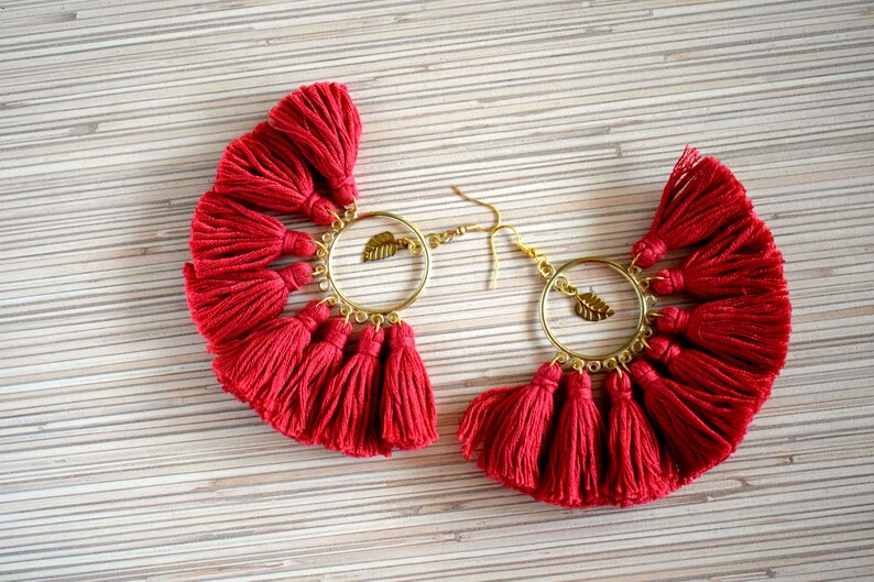 Hoop Tassel Earrings Burgundy Red Tassel Earrings Purple Tassel Hoop Earrings Tassel Jewelry Tassel Hoops Statement Tribal Earrings Bohemian