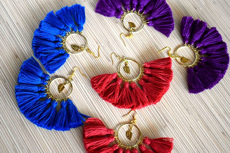 Hoop Tassel Earrings Burgundy Red Tassel Earrings Purple Tassel Hoop Earrings Tassel Jewelry Tassel Hoops Statement Tribal Earrings Bohemian