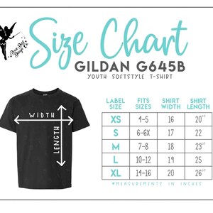 May include: Size chart for Gildan G645B youth softstyle t-shirts. The chart shows the label size, fits sizes, shirt width, and shirt length in inches. The sizes range from XS to XL.