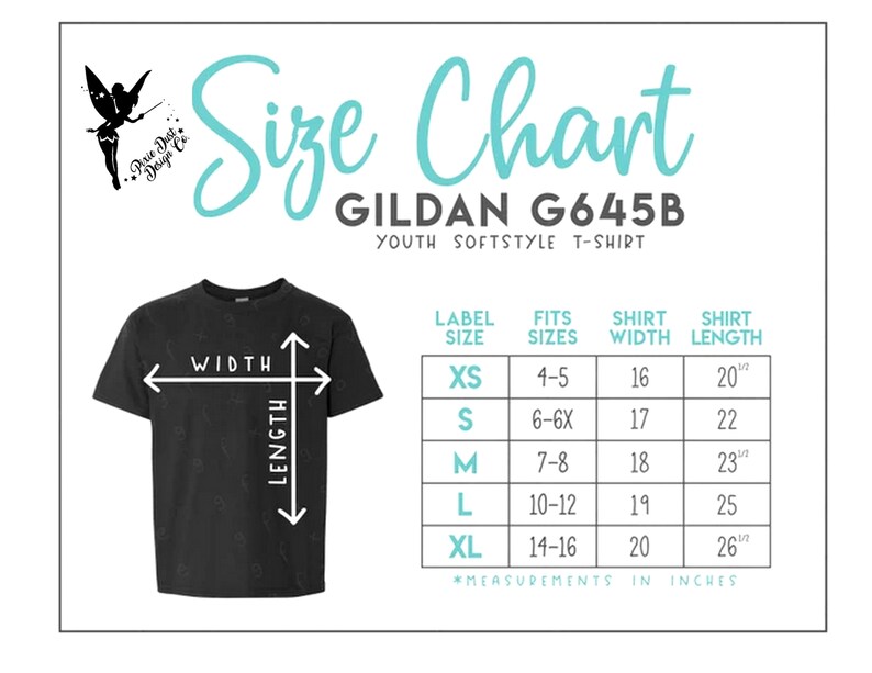 May include: Size chart for Gildan G645B youth softstyle t-shirts. The chart shows the label size, fits sizes, shirt width, and shirt length in inches. The sizes range from XS to XL.