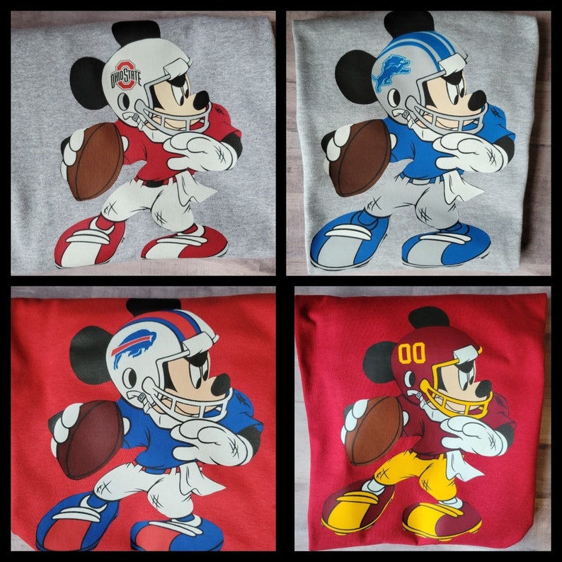 May include: Four different t-shirts featuring a cartoon Mickey Mouse dressed as a football player. Each shirt has a different team logo on the helmet: Ohio State, Buffalo Bills, Detroit Lions, and a generic football team with the number 00.