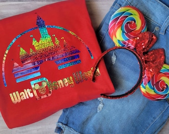 Holographic rainbow Disney world Castle Tshirt -  Disney World Disneyland Inspired