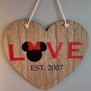 Personalized Minnie LOVE wood heart sign - Valentine&#39;s, anniversary, wedding gift