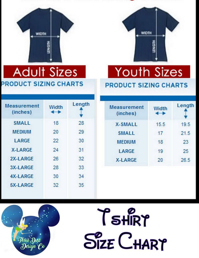 Op de afbeelding: Een maattabel voor T-shirts met metingen in inches voor zowel volwassenen als kinderen. De tabel toont de breedte en lengte van elke maat, van XXS tot 5XL.