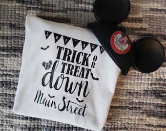 Let's go Trick or Treat down Main Street USA Tshirt -  Mickey's not so scary Halloween party Disney World Disneyland ladies V-neck men's
