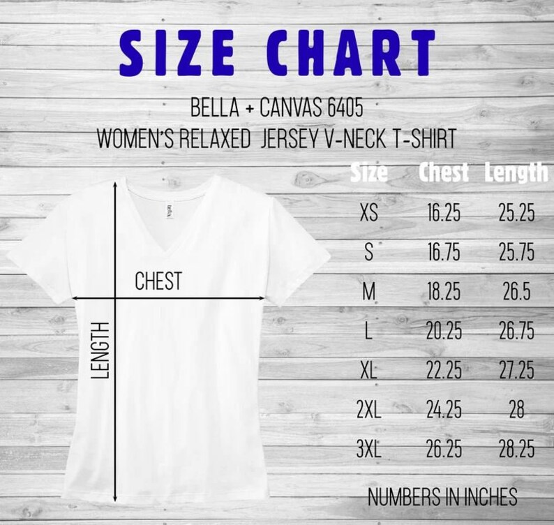 K&ouml;nnte beinhalten: Gr&ouml;&szlig;entabelle f&uuml;r Damen-Relaxed-Jersey-V-Ausschnitt-T-Shirt, Bella + Canvas 6405. Die Tabelle zeigt Brust- und L&auml;ngenma&szlig;e in Zoll f&uuml;r die Gr&ouml;&szlig;en XS bis 3XL.
