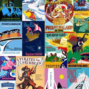 K&ouml;nnte beinhalten: Eine Collage von Vintage-Plakaten, die verschiedene Attraktionen in einem Vergn&uuml;gungspark bewerben. Die Poster zeigen leuchtende Farben, Illustrationen und Text. Einige der Attraktionen sind das Haunted Mansion, die Big Thunder Mountain Railroad, Pirates of the Caribbean und Space Mountain.
