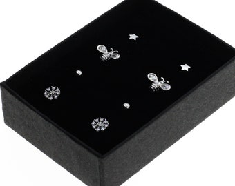 Sterling Silver Stud Bee Snowflake Gift Set, Small Silver Earrings, Snowflake Studs, Bee Studs, Star Studs, Tiny Silver Studs, Festive Studs