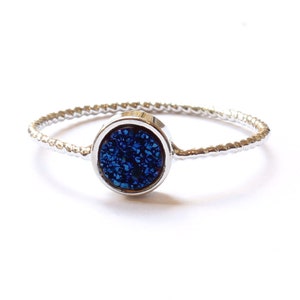 Druzy Stacking Ring, Geometric Ring, Stone Stacking Ring, Silver Stacking Ring, Round Drusy Ring, Natural Stone Ring, Delicate Ring Blue Circle