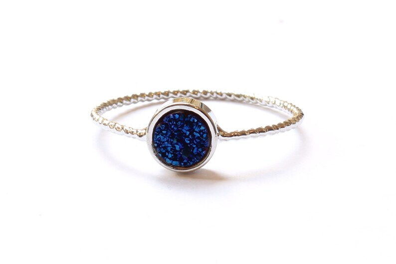 Druzy Stacking Ring, Geometric Ring, Stone Stacking Ring, Silver Stacking Ring, Round Drusy Ring, Natural Stone Ring, Delicate Ring Blue Circle
