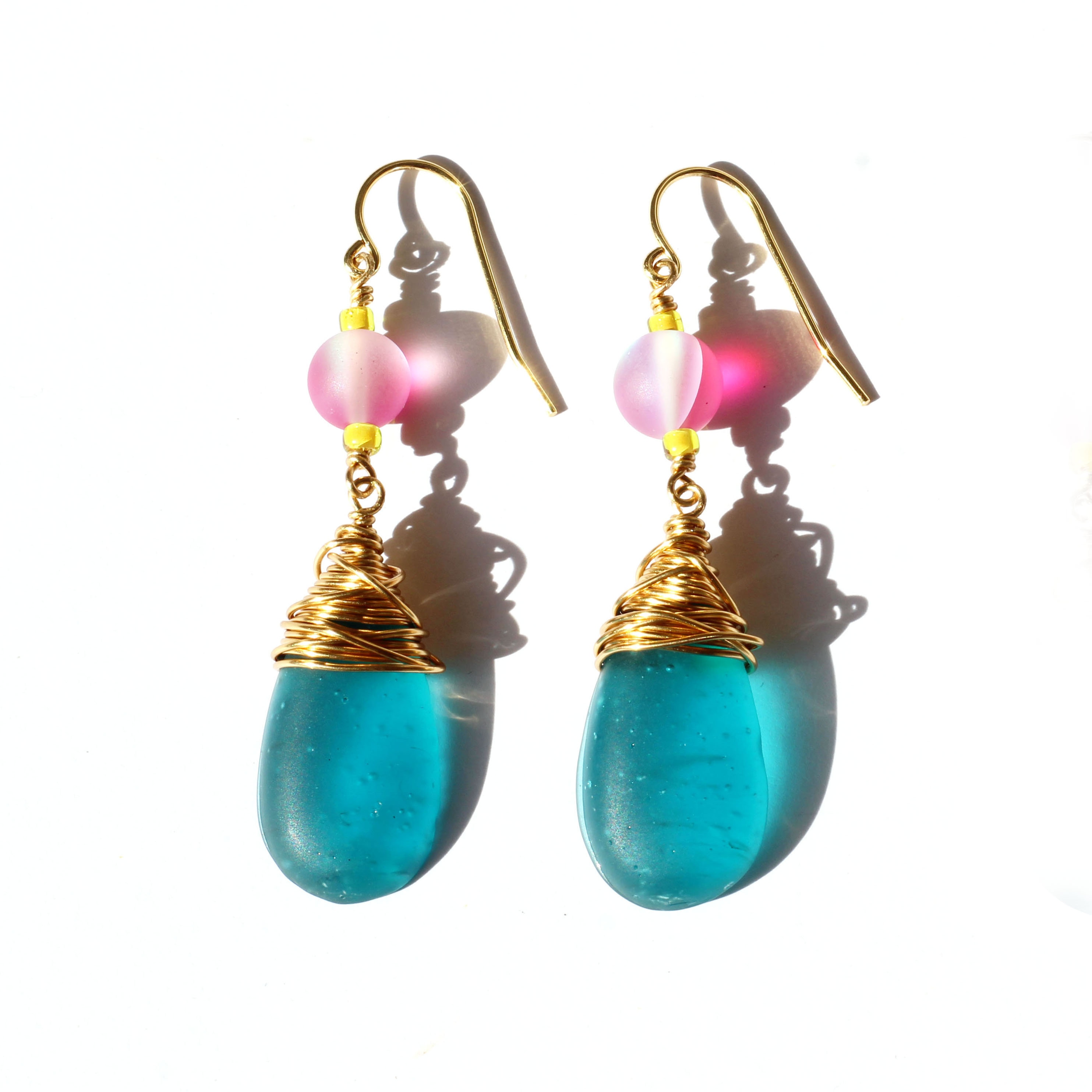 Turquoise & Silver 'Seaglass' Handmade Earrings Drop Bead Earrings Handmade Jewellery Glass Glow Beads Dangle Earrings Boho Earrings