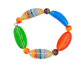 Chunky bold multicoloured bracelet. Rainbow handmade lampwork glass bead bracelet. Funky colourful large bead bracelet. Stretch bracelet.