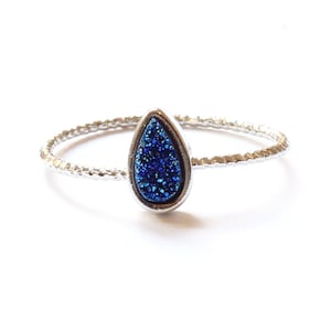 Druzy Stacking Ring, Geometric Ring, Stone Stacking Ring, Silver Stacking Ring, Round Drusy Ring, Natural Stone Ring, Delicate Ring Blue Teardrop