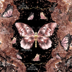 May include: A digital illustration of a rose gold butterfly on a black background with a rose gold glitter effect. The butterfly has a detailed design with intricate patterns and a gold outline. The background is decorated with smaller butterflies in black and white.