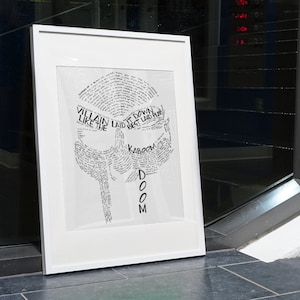 May include: A framed black and white print with the text "VILLAIN LIKE THE LAID IT DOWN BEST LAID PLAN KABOOM DOOM" in a circular design.