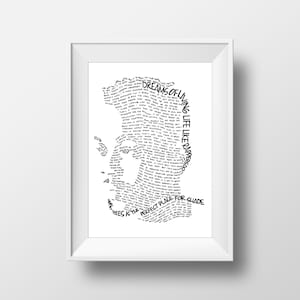 May include: Black and white typography art print featuring a silhouette of a person's head. The text is a poem titled "Dreams of Living Life Like Rappers Do" and includes the lines "More trees is the perfect place for shade" and "A dollar might just go further than a Lambo".