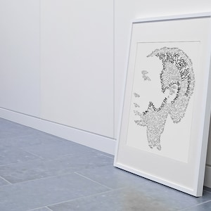 May include: A white framed print with a black and white illustration of a person's face. The illustration is made up of words. The words include "Yeah you got some but really are eating too giant"