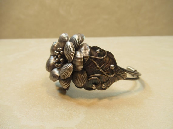 Sterling 925 Silver Antique Floral Cuff Bracelet … - image 6