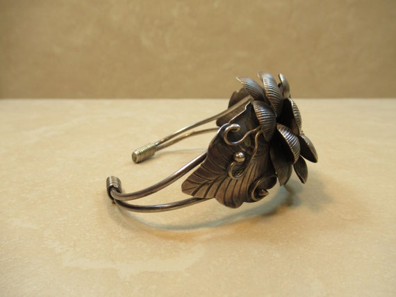 Sterling 925 Silver Antique Floral Cuff Bracelet … - image 8