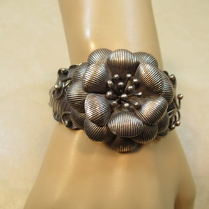 Sterling 925 Silver Antique Floral Cuff Bracelet Handcrafted Bold Vintage