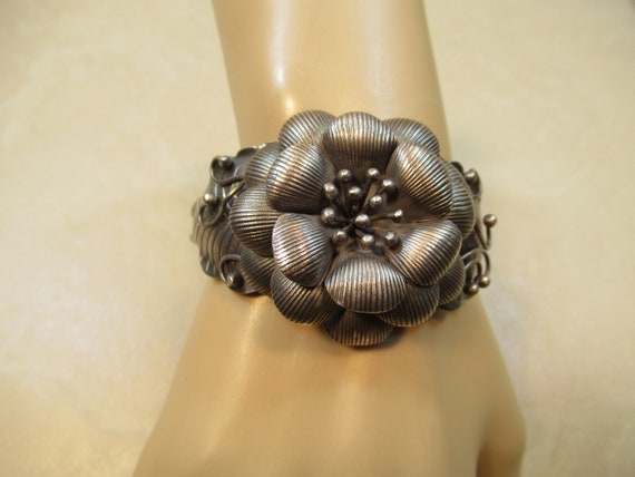 Sterling 925 Silver Antique Floral Cuff Bracelet … - image 1
