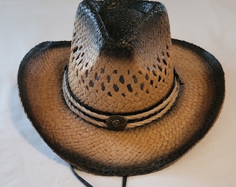 Vintage Straw Cowboy Hat with Black Chin Cord Classic Outback Black Stained Western Cowboy Straw Hats  main image 4