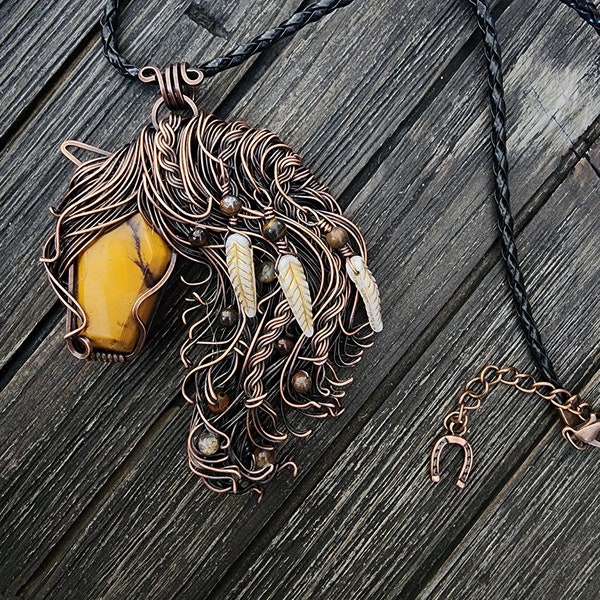 Eirene's mare, goddess of peace. A handmade copper wire wrap mookaite horse pendant.