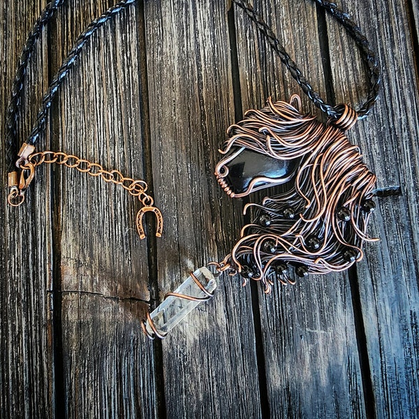 Nyx's Night Mare, goddess of nightmares. A handmade copper wire wrap onyx horse pendant with black tourmaline accents.