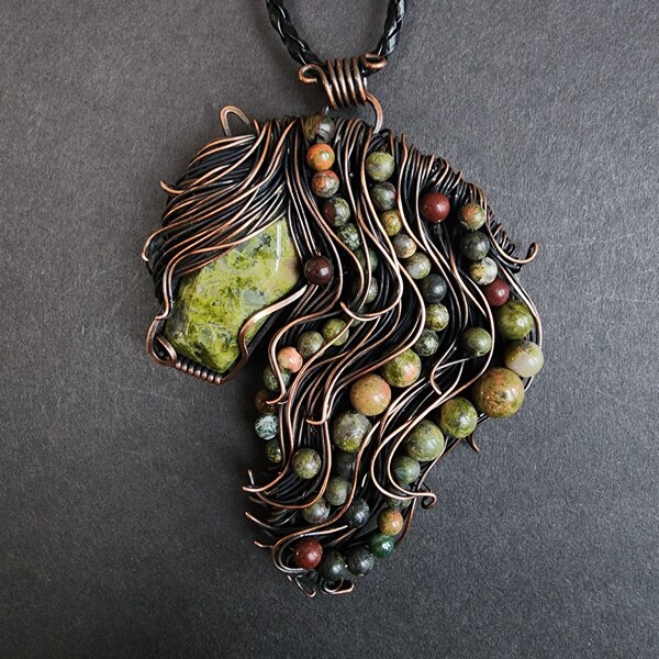 Gaia's mare, the primordial goddess of the earth - a handmade copper wire wrap horse with a Unakite and Bloodstone stones.