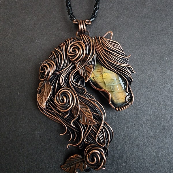 Freya's mare, goddess of spring. A Handcrafted copper wire wrap labradorite horse pendant.