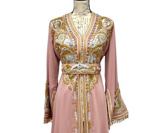 Moroccan Blush Caftan, Beaded with Gold & Silver Embroidery, Wedding Kaftan, Nikkah and special occasions.