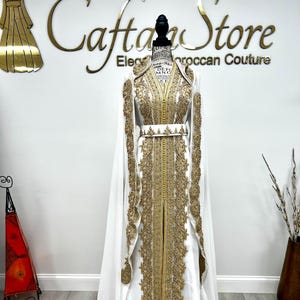 White and Gold Moroccan Bridal Caftan: Silky Satin Takchita with Embroidered Cape