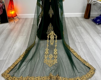 Złoty haftowany zielony welon ślubny: 3-metrowy marokański welon ślubny