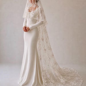 Cathedral Bridal Veil: Embroidered Floral Lace Wedding Shawl Topper
