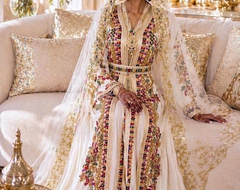 Caftano da sposa marocchino Takchita color avorio e oro, caftano da sposa ricamato a mano con perline, abito a due pezzi