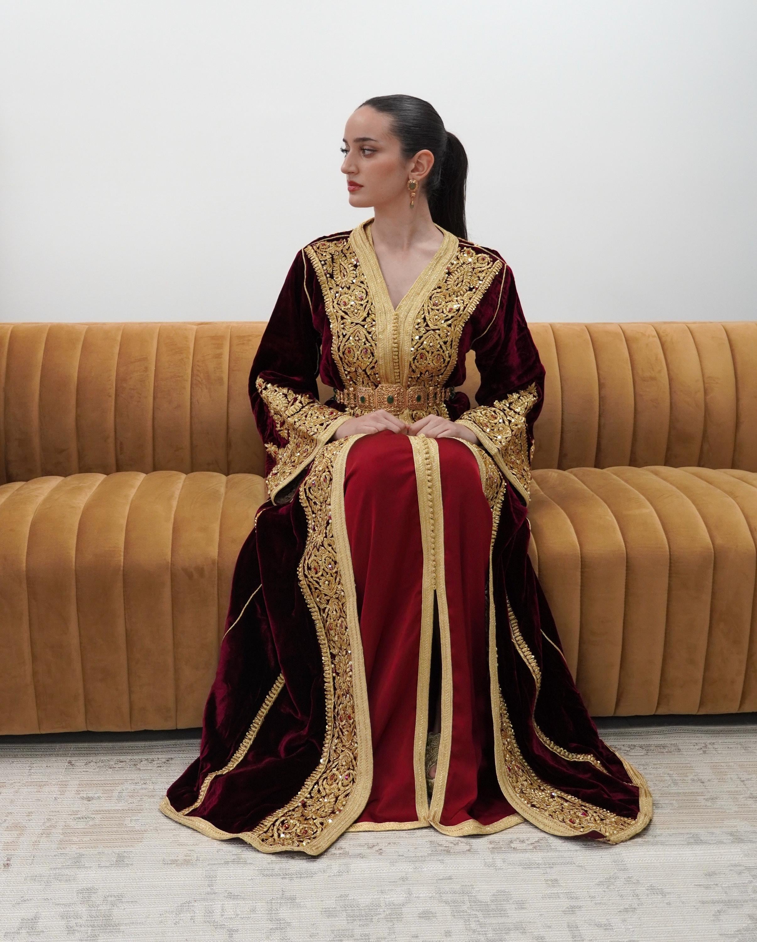 green emerald velvet dress Designer Wedding Dress Crystal Embroidered Kaftan in Dark Green Velvet main image 0