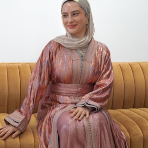 Moroccan Silk Wedding Caftan Set: Copper Rose Kimono Gown, Modest Bridal Robe