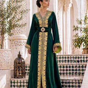 Moroccan Royal Green Caftan with Gold Embroidery, Satin Lined Sleeves, Elegant Occasion Wear