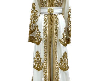 White Moroccan Bridal Caftan Takchita, Gold Embroidered Wedding Kaftan, Bride Reception Dress