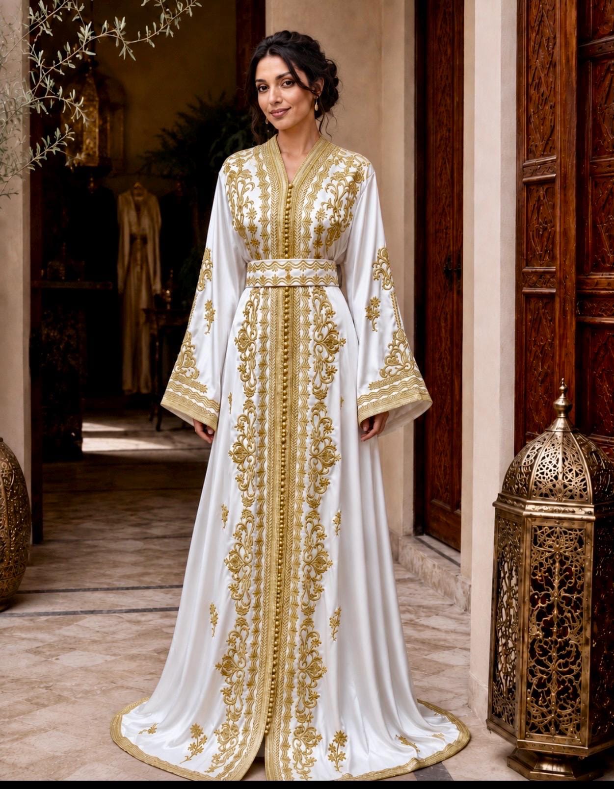 white and gold moroccan dress White and Gold Islamic Kaftan, Hand Beaded Moroccan Wedding Maxi Dress with Embroidery Hijab