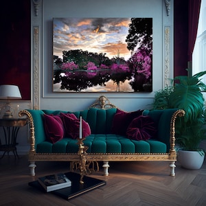 Photgraphic Infrared effect Pink, New Orleans City Park, live oaks, spanish moss, reflections in water, sunrise, sunset across the lagoon
