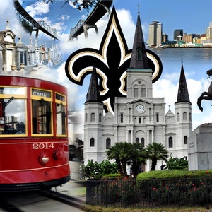 Fine art collage print of everything New Orleans, St Louis Cathedral, Andrew Jackson Statue in foreground, tourist artist, Saints, streetcar
