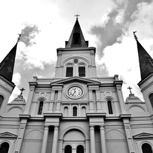 Black & White fine art print of St Louis Cathedral located in Jackson Square, tourist artist, French Quarter