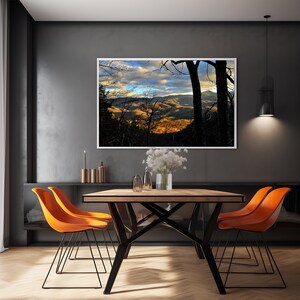 Mountain range in The Great Smoky Mountains photograph, Fall nature scene, Gatlinburg,beautiful skies, landscape, tree in foreground, sunset