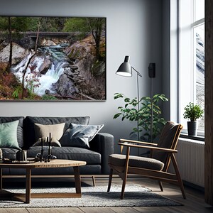 Rushing water over mountain river rocks, The Sinks, Fall Mountain scene, hiking, landscape, moss covered rocks, bridge over mountain stream.