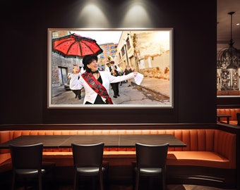 Jaywalkers Brass Band, Second line dance in New Orleans French Quarter photography, Photographic Prints, big easy, parade, red umbrella,