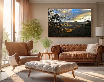 Mountain range in The Great Smoky Mountains, Fall nature scene, Gatlinburg, TN, beautiful skies, landscape, trees in foreground, sunset