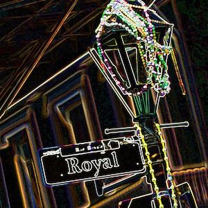 Neon effect Lamp post at Mardi Gras on Royal St, Beads, Rue Royal, Home Decor, Photo Prints, Local Artist, big easy, French Quarter