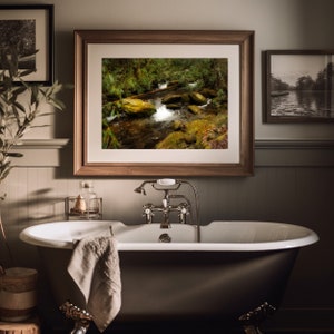 Puede incluir: Una fotografía enmarcada de un pequeño arroyo que fluye a través de un exuberante bosque verde. El arroyo está rodeado de rocas y musgo, y el agua es clara y brillante. La fotografía está colgada en una pared sobre una bañera blanca.